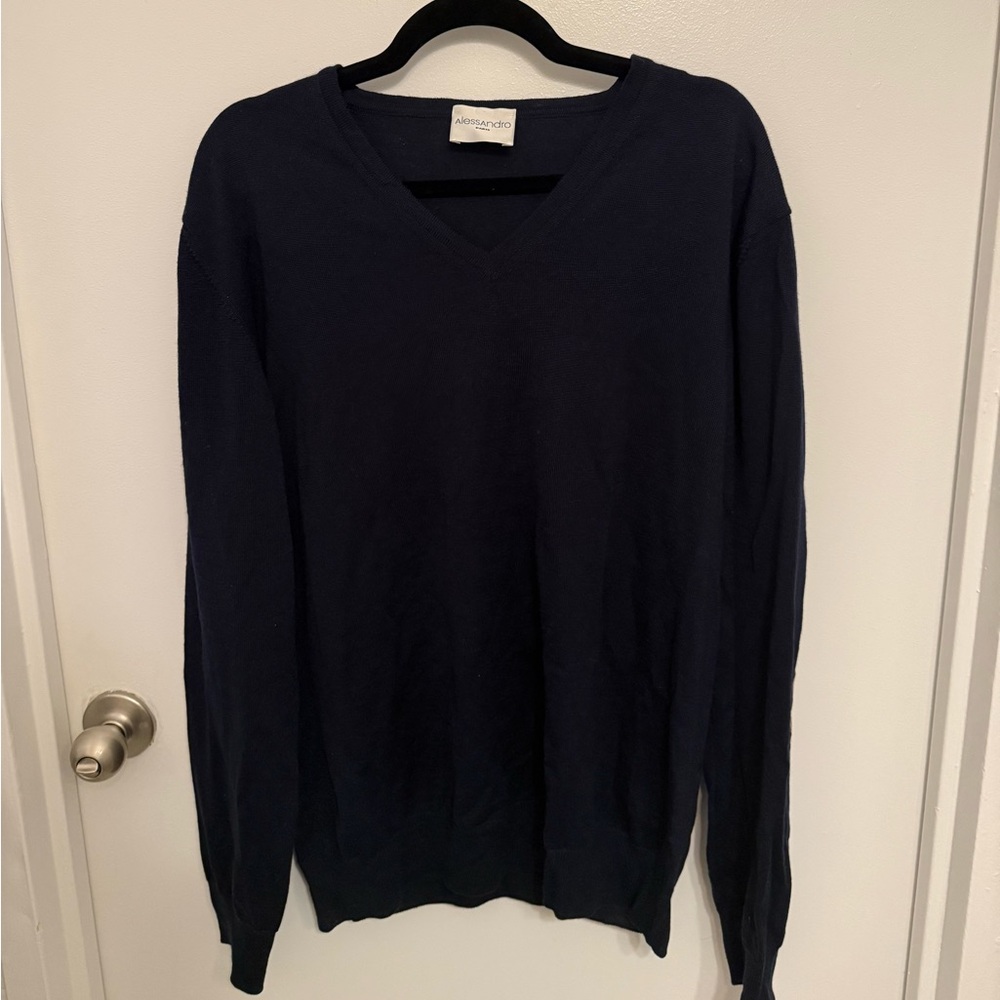 Alessandro Paris Navy V-Neck Sweater Elbow Patches Wool Blend Size 56